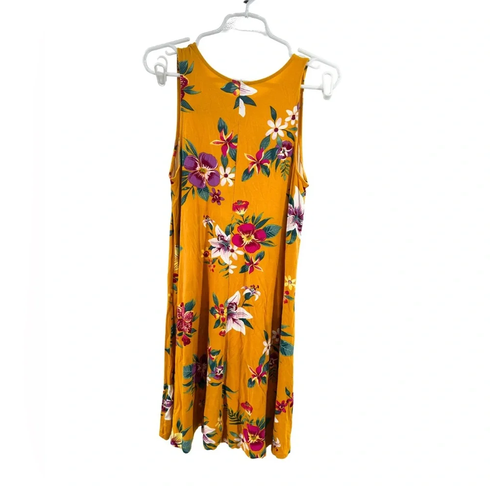 Old Navy Floral Mini swing Dress Yellow Purple L floral viscose tropical summer - Picture 3 of 11